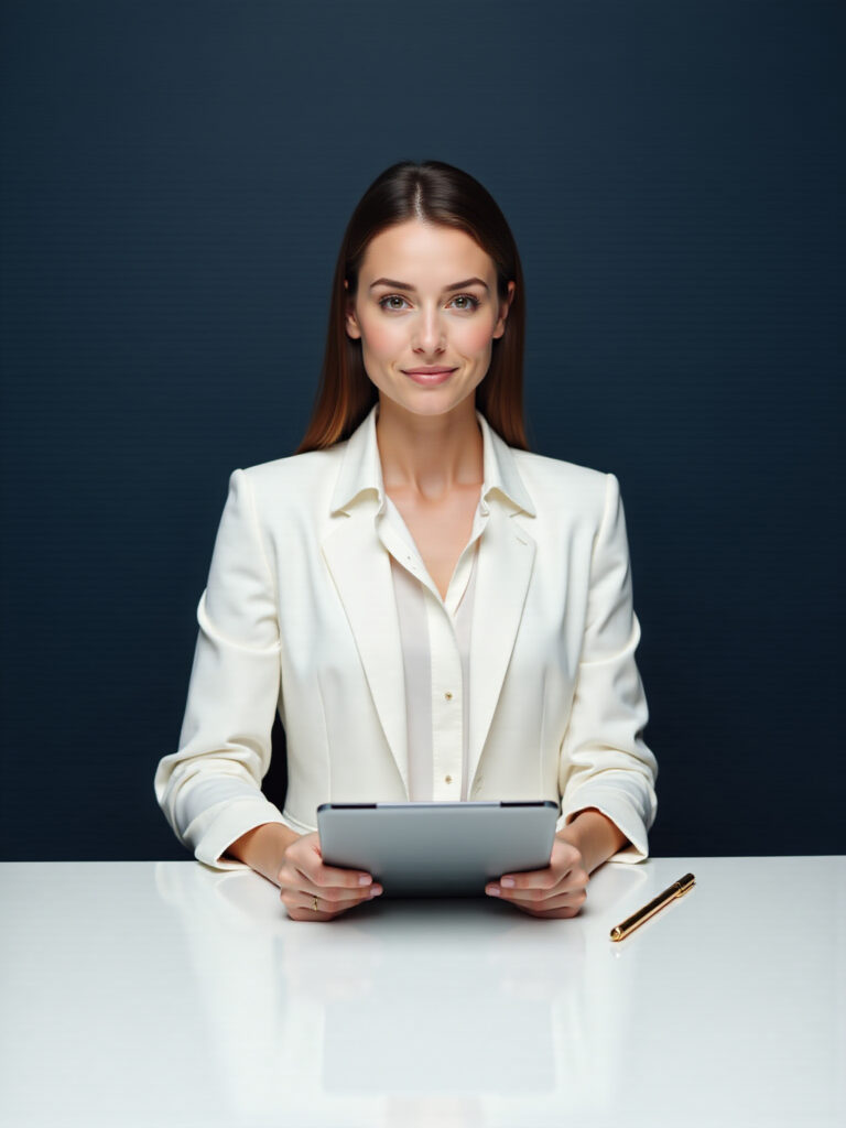 Professional businesswoman in white blazer sitting at a desk using a tablet with a pen beside her against a dark blue background