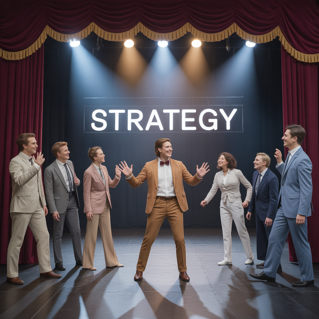 ideogram v3.0 a backstage theater scene where “strategy” is the script and the brand steps 0