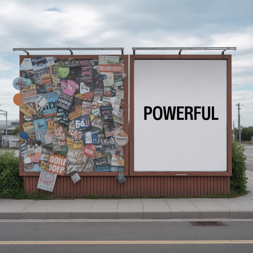 ideogram v3.0 a billboard full of clutter beside one empty frame with a single powerful word 0