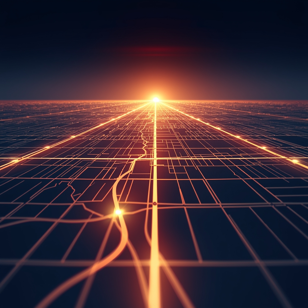 lucid origin abstract city map with illuminated roads pathways leading to a bright horizon 0