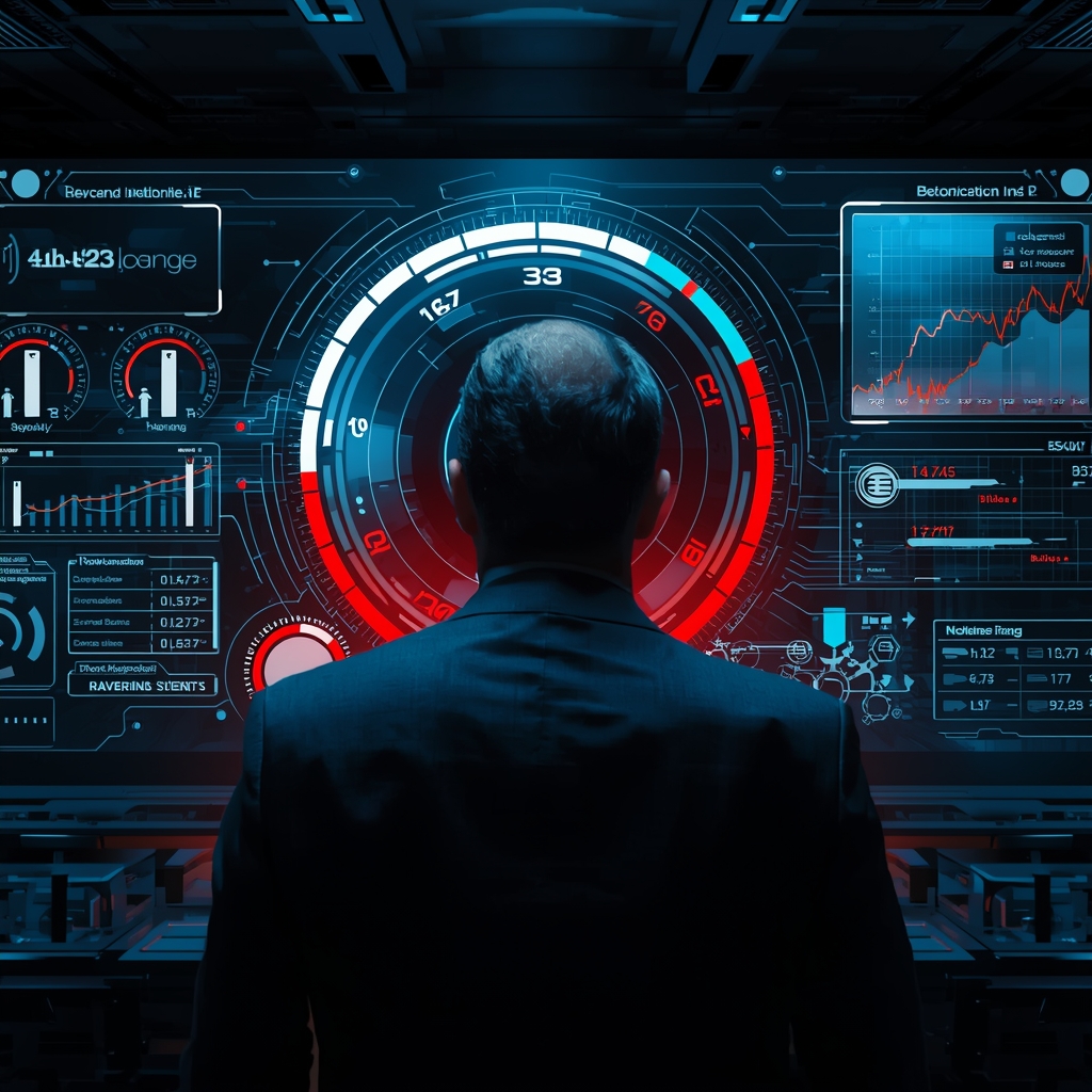 lucid origin business executive looking at a futuristic dashboard with hidden gaps and red wa 0