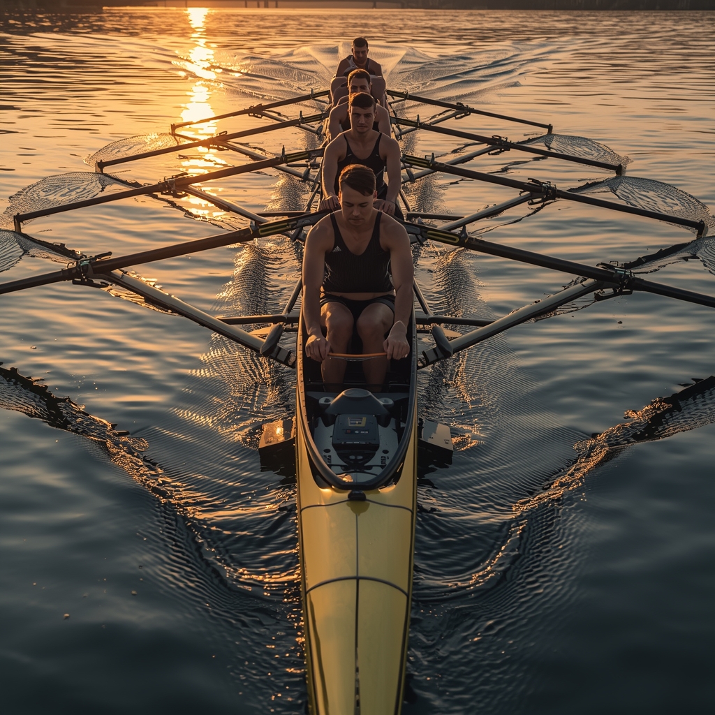 lucid origin dramatic editorial photograph of a professional rowing team close up cutting thr 0