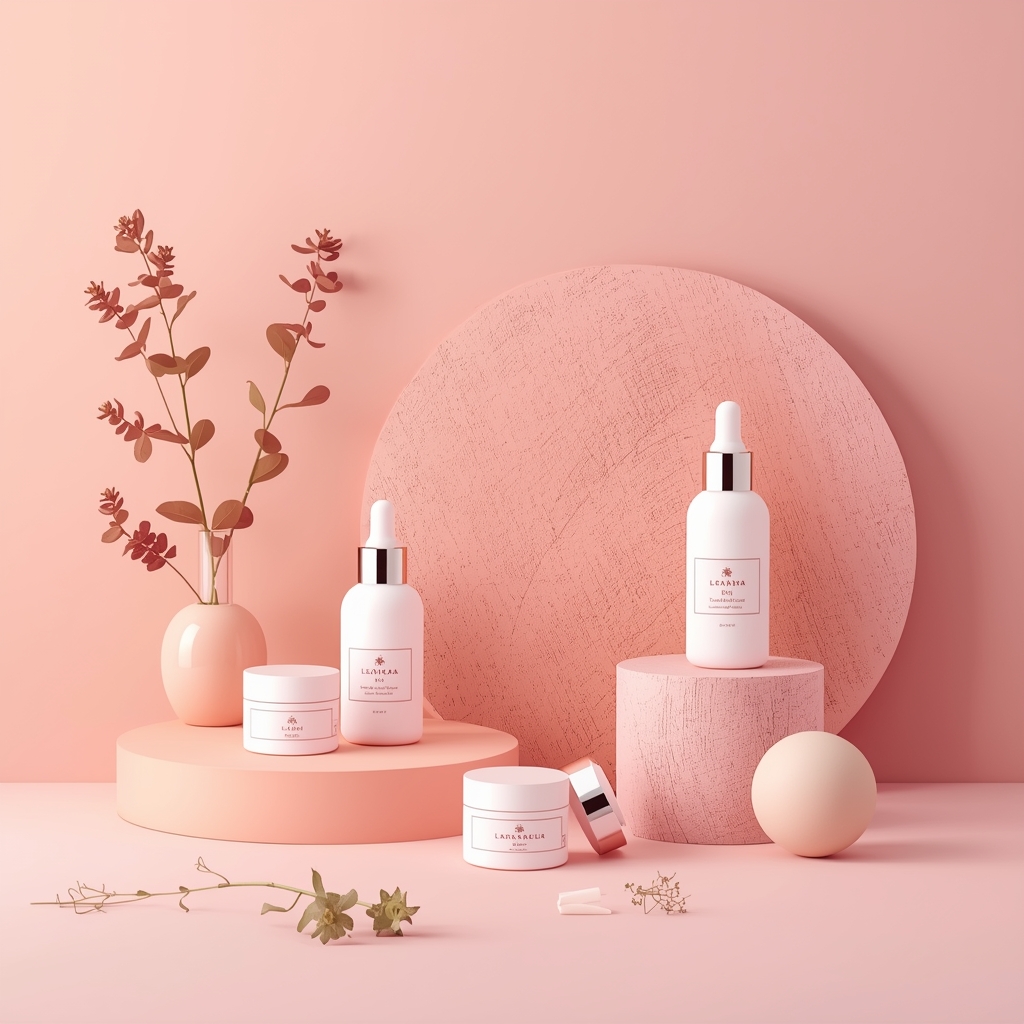 lucid origin pastel colored abstract workspace with wellness products and subtle barriers vis 0