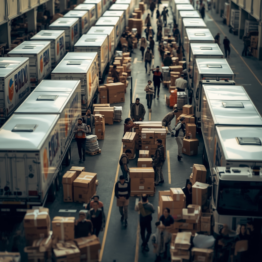 lucid origin realistic scene of crowded delivery trucks and parcels in a logistics hub for ecommerce brand messaging strategy