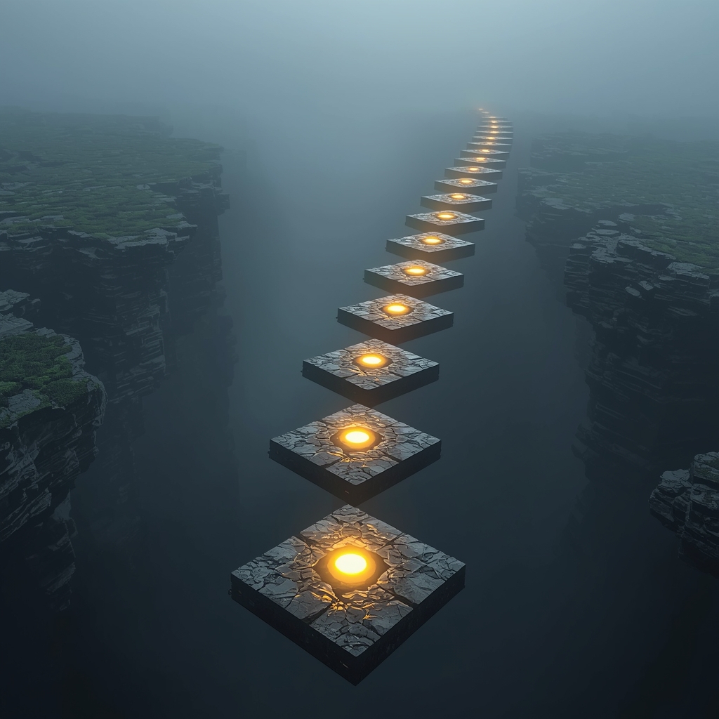 lucid origin series of floating stepping stones over a misty chasm each glowing with light su 0