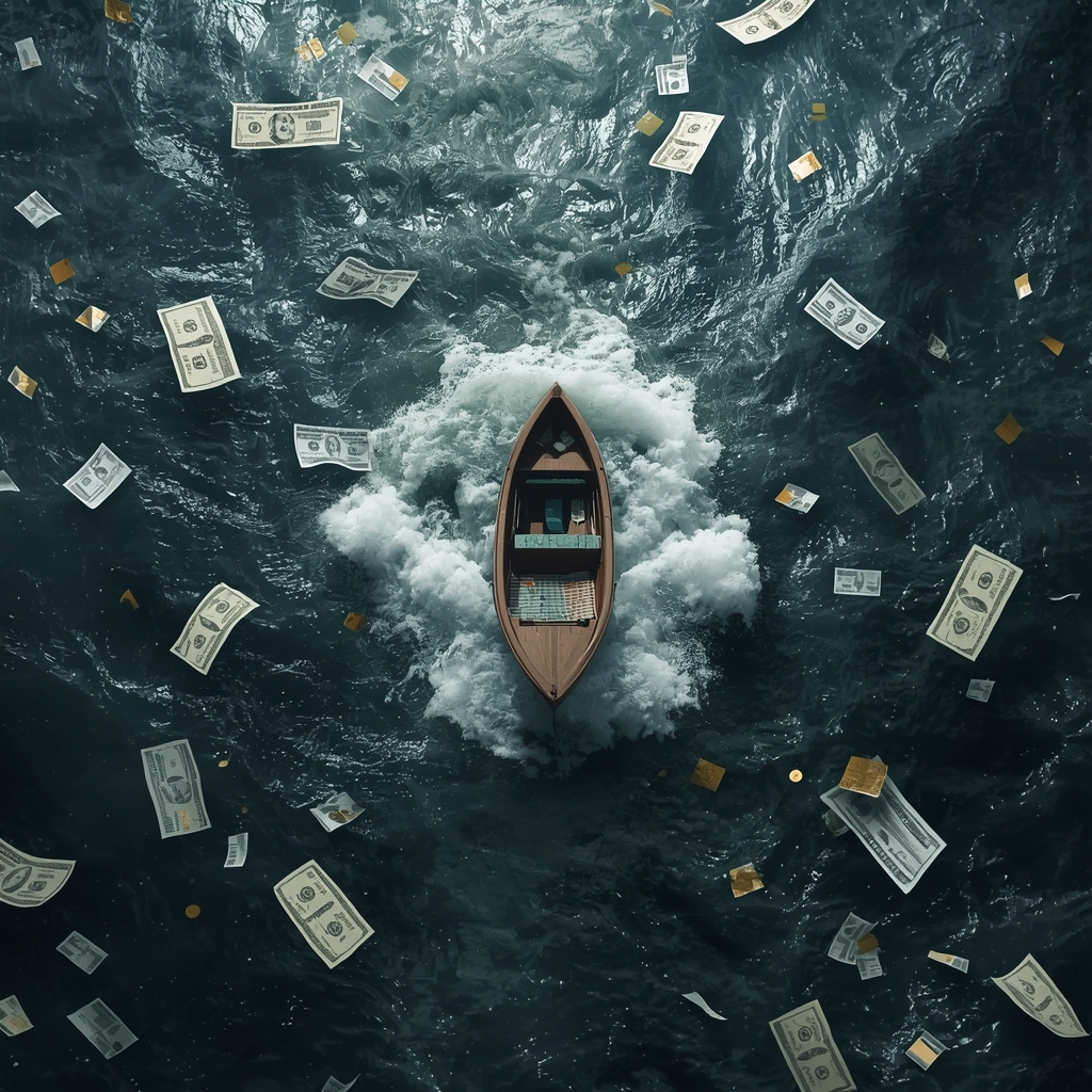 lucid origin small boat navigating through stormy waters made of floating financial documents 0