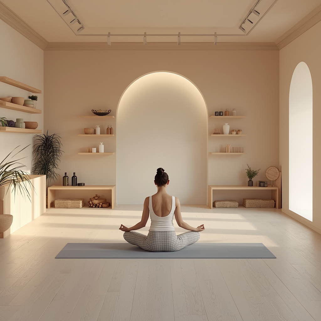 lucid origin soft serene yoga studio with calm lighting pastel colors yoga instructor meditat 0