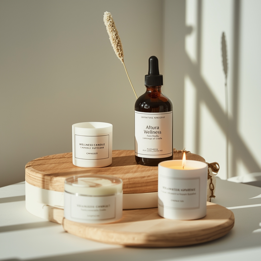 lucid origin wellness products and candles artistically arranged soft natural light pastel co 0