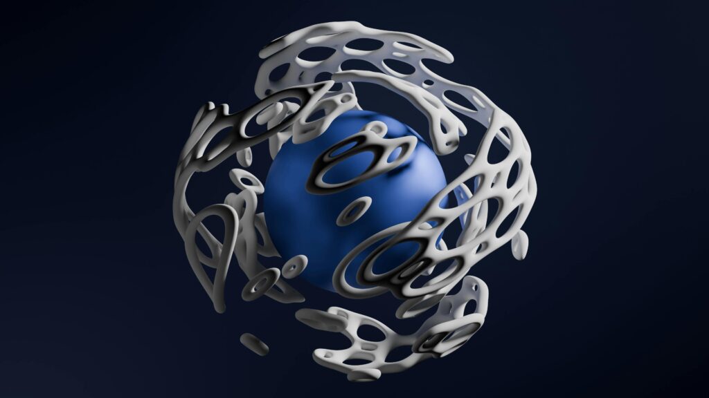 3D illustration of a blue sphere enclosed in a dynamic perforated shell on a dark background.