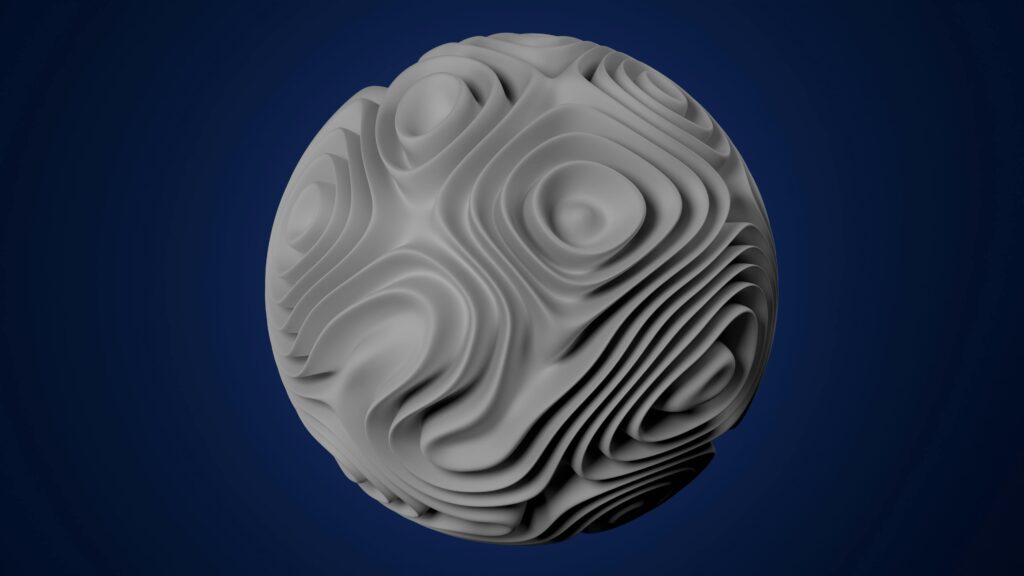 A 3D gray spherical object with wavy texture, isolated on a deep blue background.