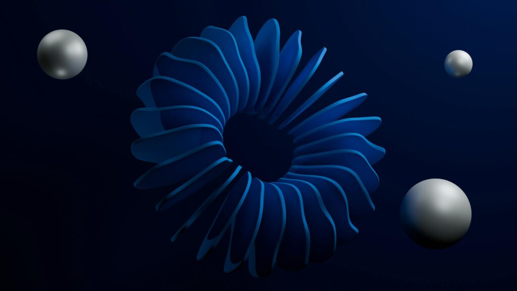 An abstract 3D design featuring blue curved shapes and metallic spheres on a dark background.